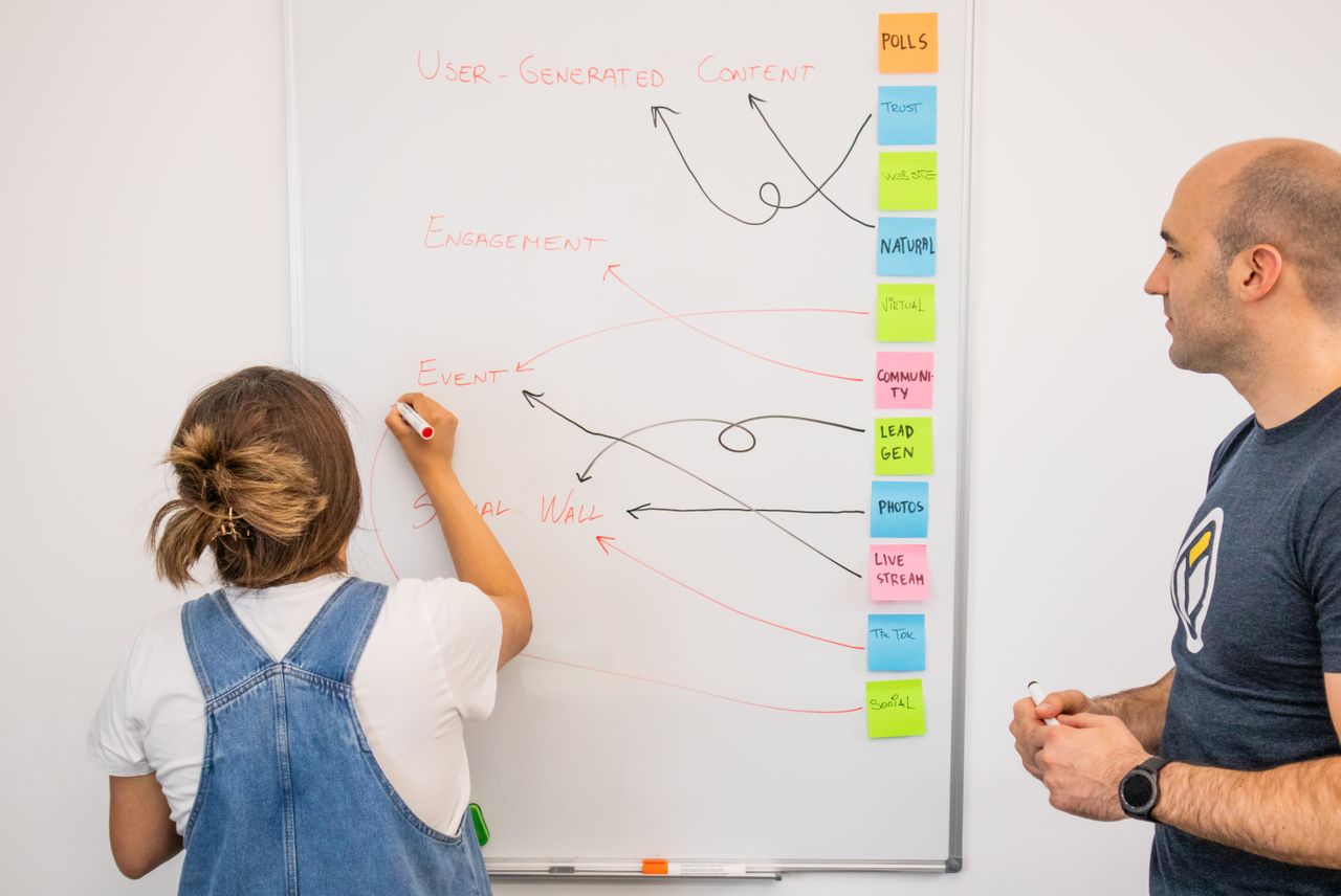 Two colleagues work together on a marketing strategy with a whiteboard, centering on user-generated content.